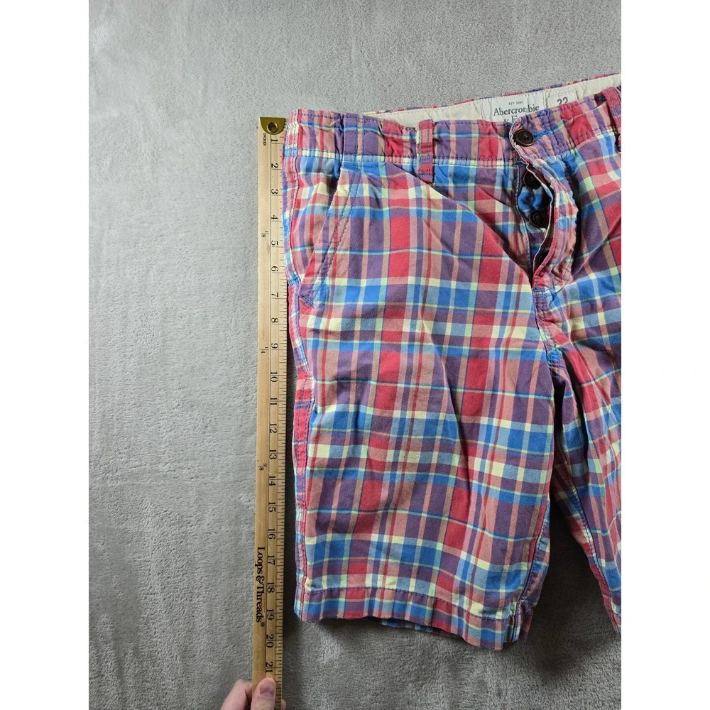 Abercrombie & Fitch Plaid Chino Shorts Mens 32 Red Blue Button Fly 10